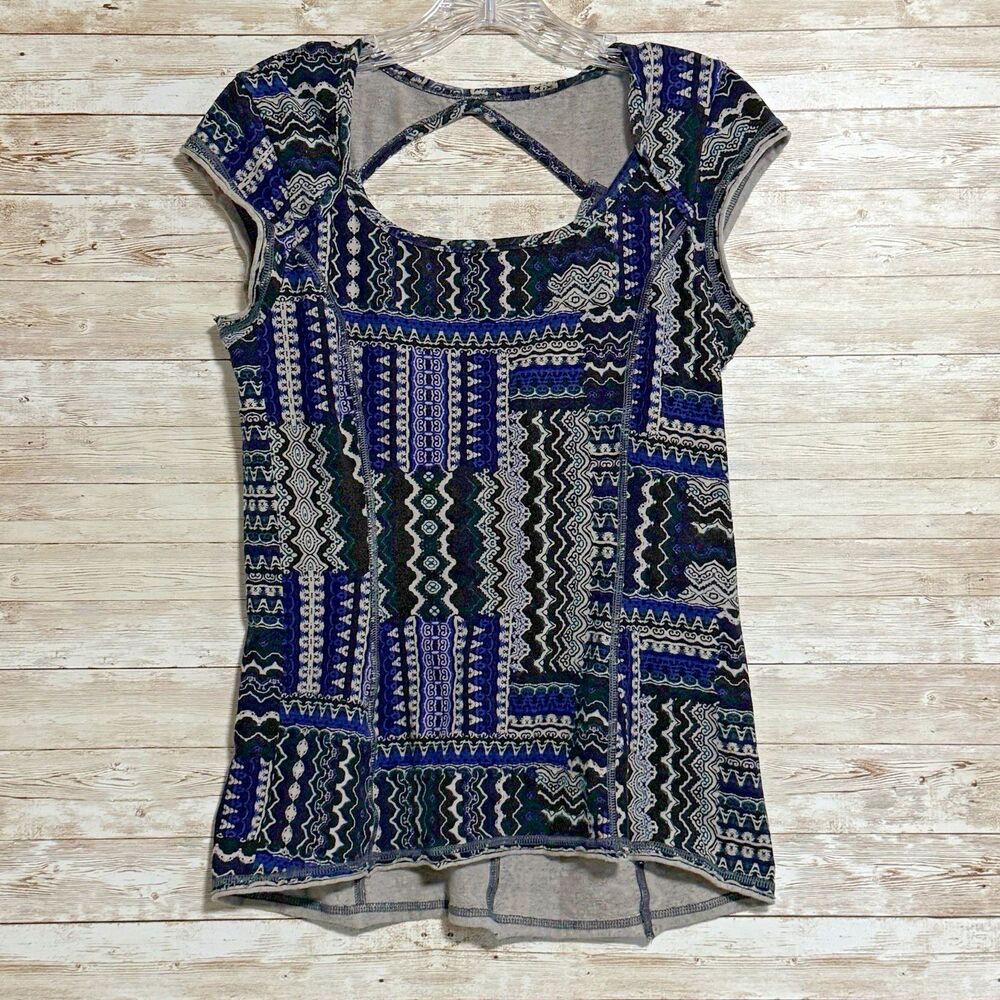 PrAna Kamilia Shirt M Patchwork Cap Sleeve Open Back Geometric Yoga Tee Boho